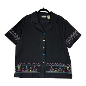 Vintage Jane Ashley Neon Embriodered Short Sleeve Button Shirt Sz L Black
